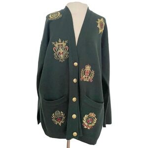 VTG JONES NEW YORK Women Emerald Green Crest Embroidered Knit Cardigan Sweater L